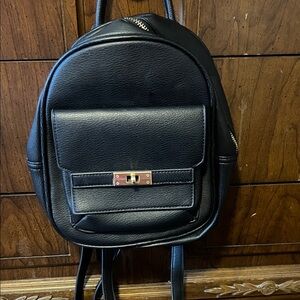 Black Faux Leather Mini Backpack with Front Pocket